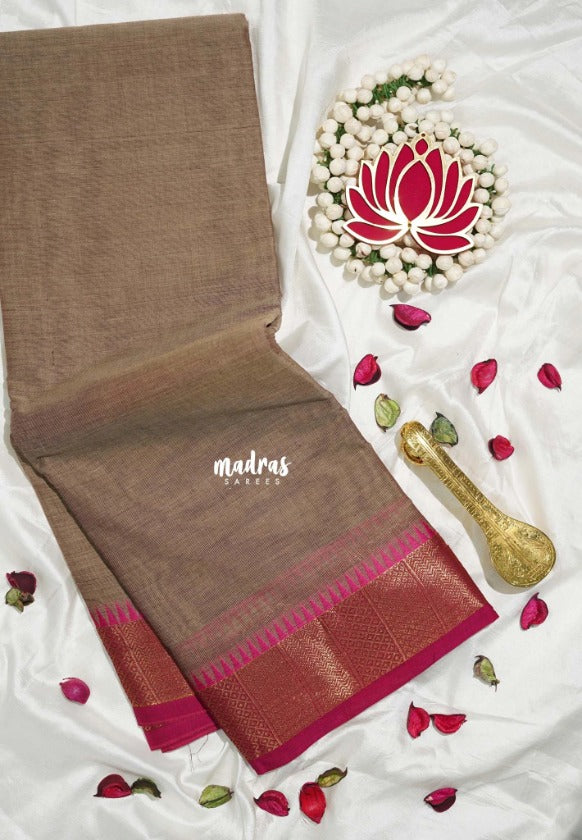 Pastel Brown - Karthigai silk cotton plain body Bavanji box border - Perfect for Temple Visit