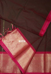 Deep Coffee Brown - Karthigai silk cotton Plain Getti zari with Stripes border - Best for Small Functions