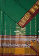 Classic Green - Karthigai silk cotton small Bavanji, Mayil and Rudraksham Big Border - Best for Wedding Functions