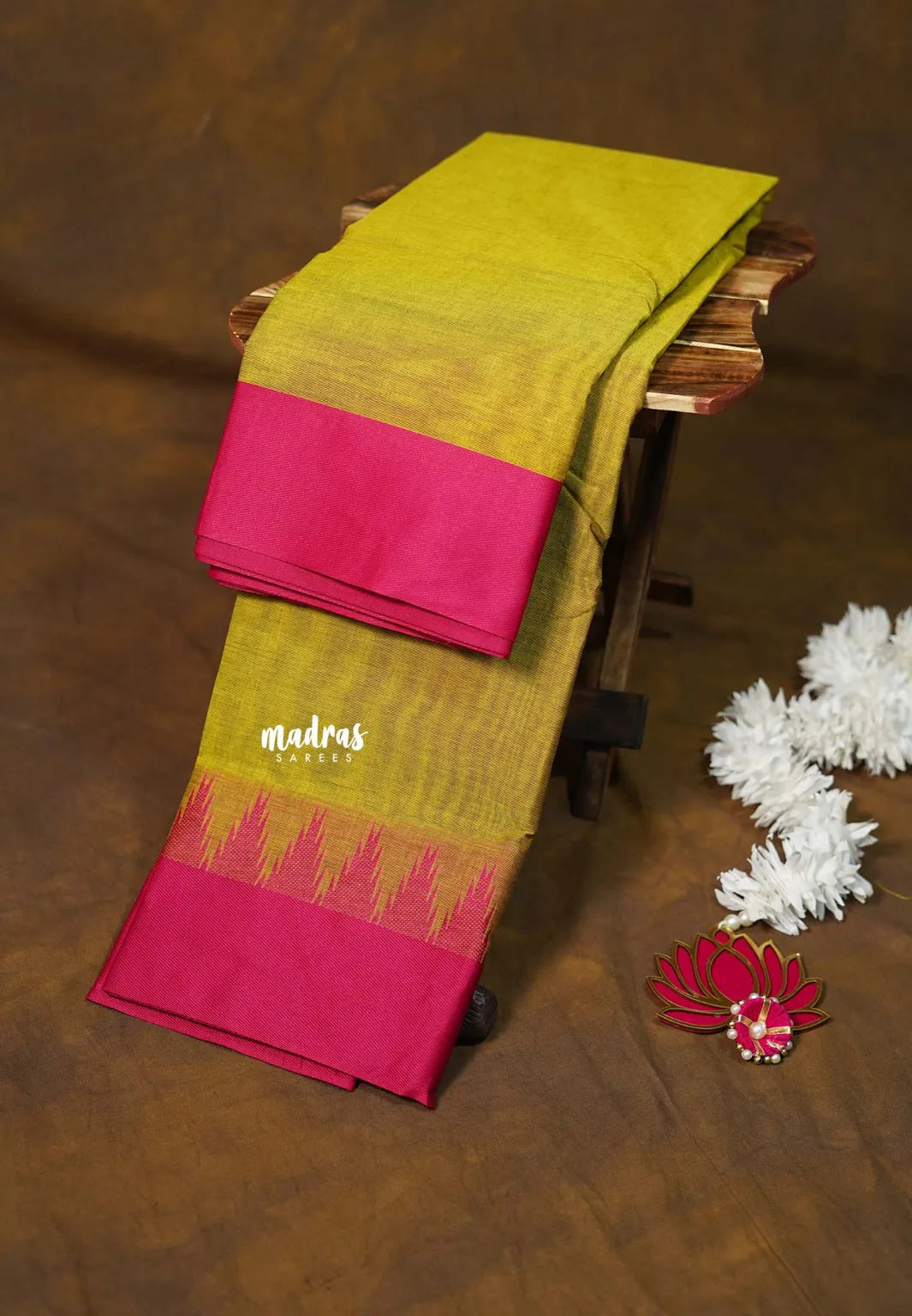 Yellowish Green - Karthigai silk cotton plain body with plain border with temple - Best for Gifting