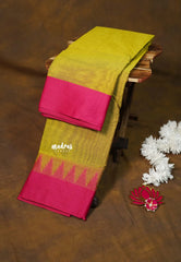 Yellowish Green - Karthigai silk cotton plain body with plain border with temple - Best for Gifting