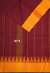 Dark Maroon - Karthigai silk cotton plain body with plain border with temple - Best for Gifting