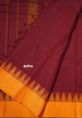 Dark Maroon - Karthigai silk cotton plain body with plain border with temple - Best for Gifting