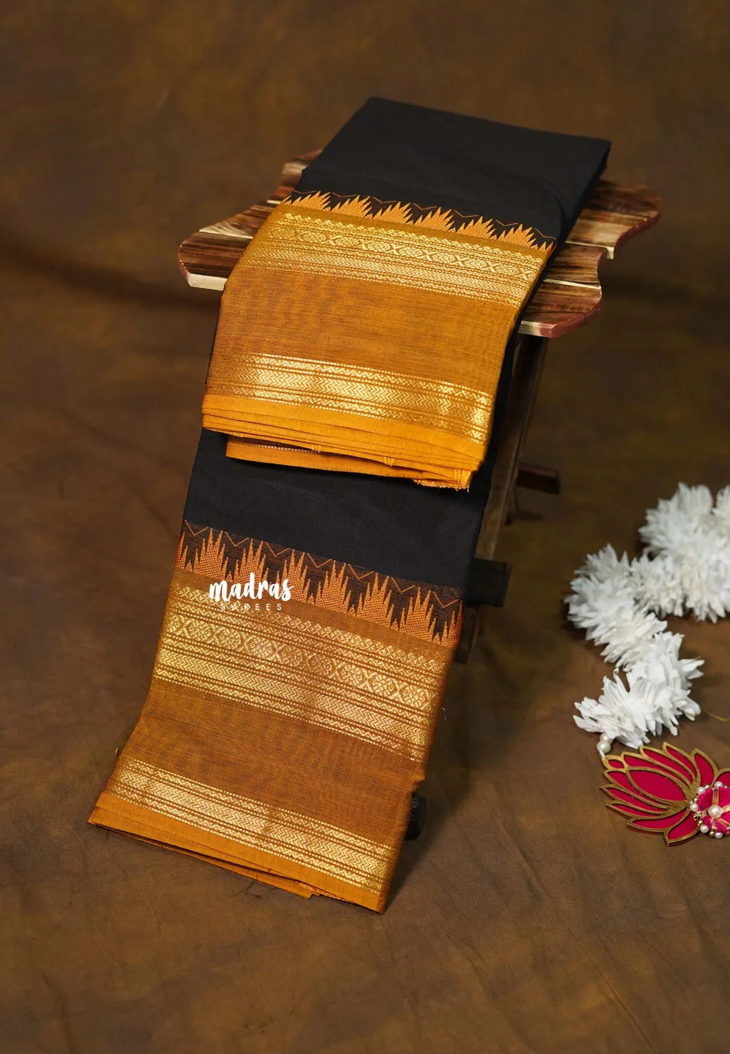 Jet Black - Karthigai Silk Cotton Rettapetta and Classic Temple Border - Best for Gifting