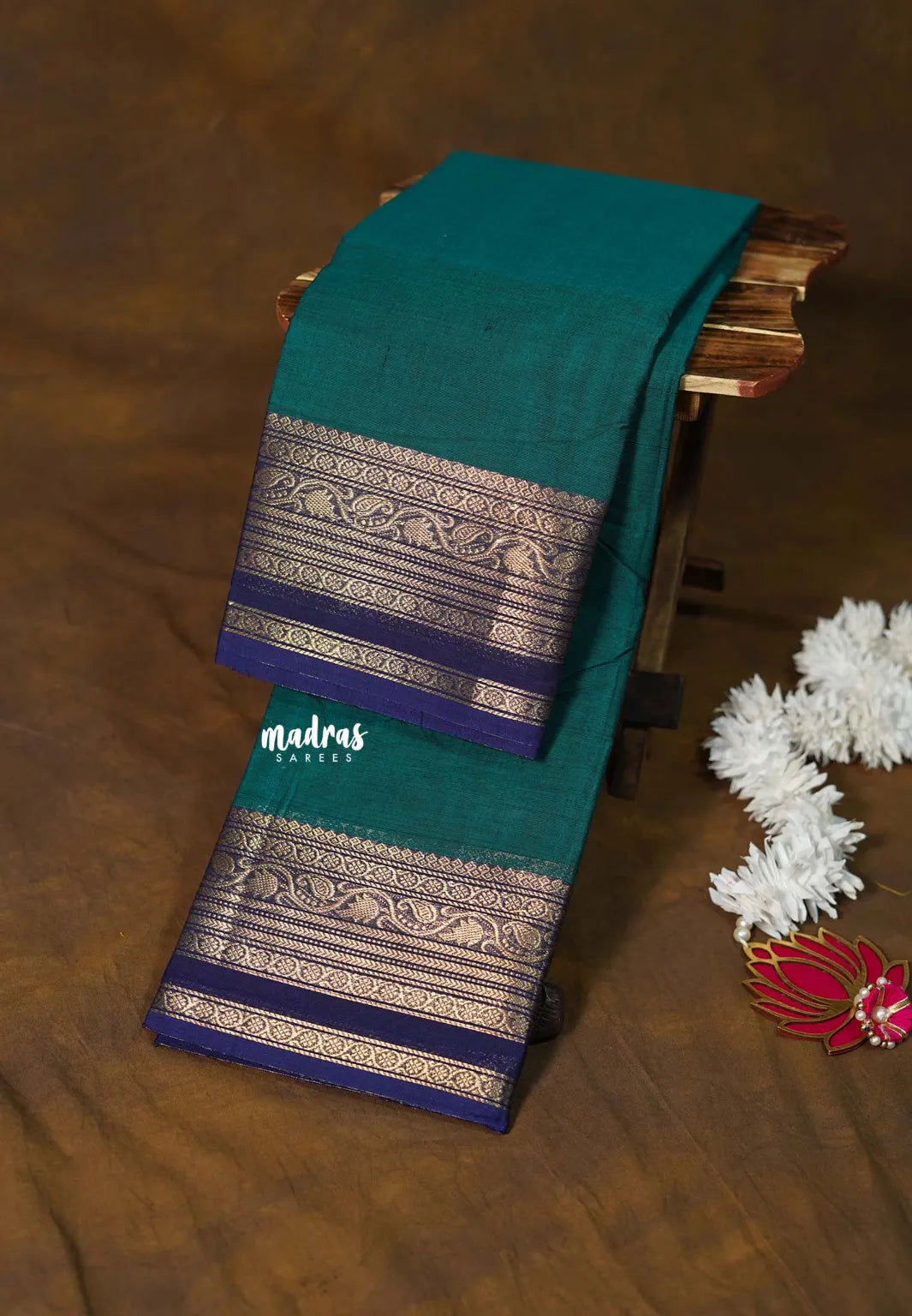 Teal Green - Karthigai silk cotton plain body leaf and mango border - Best for Gifting