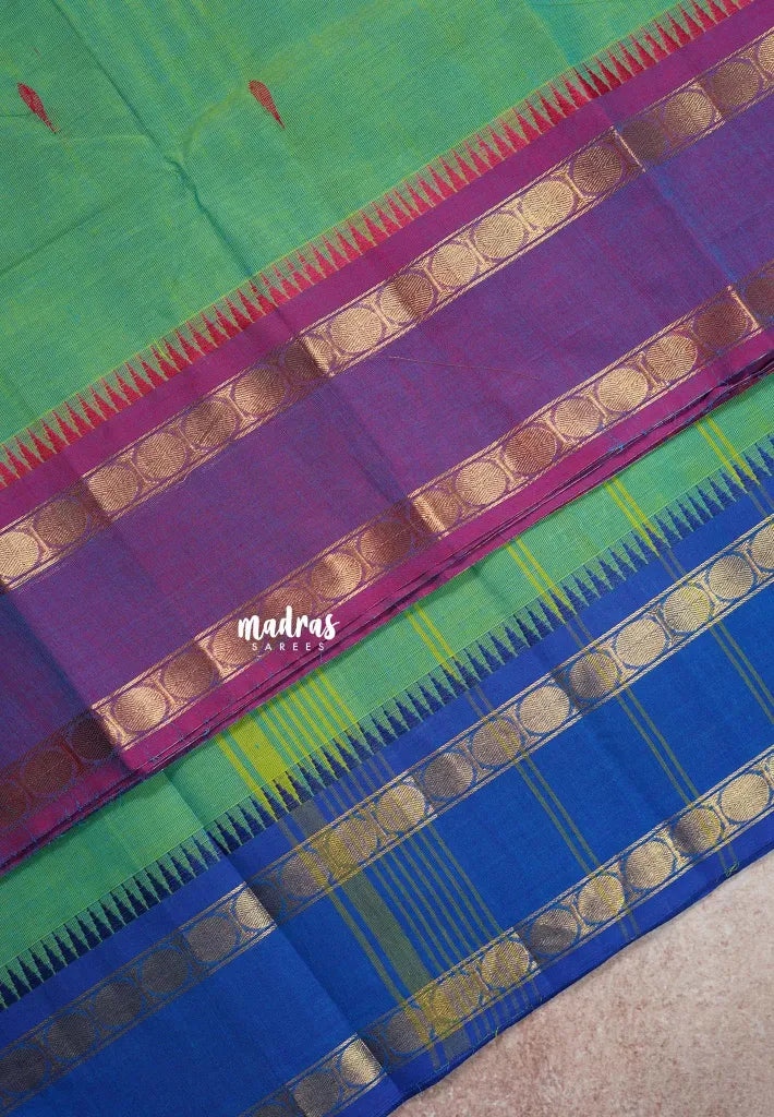 Dual Shade Green - Karthigai silk cotton rettapeta rudraksham with small temple Ganga jamuna border with buttas - Best for Wedding Functions