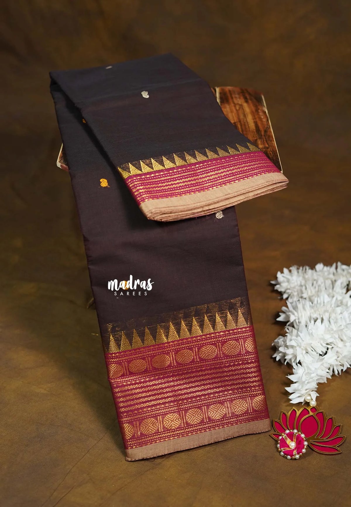 Dark Brown - Karthigai silk cotton multi Rudraksham Border with Buttas - Best for Gifting