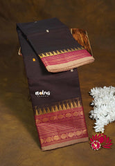 Dark Brown - Karthigai silk cotton multi Rudraksham Border with Buttas - Best for Gifting
