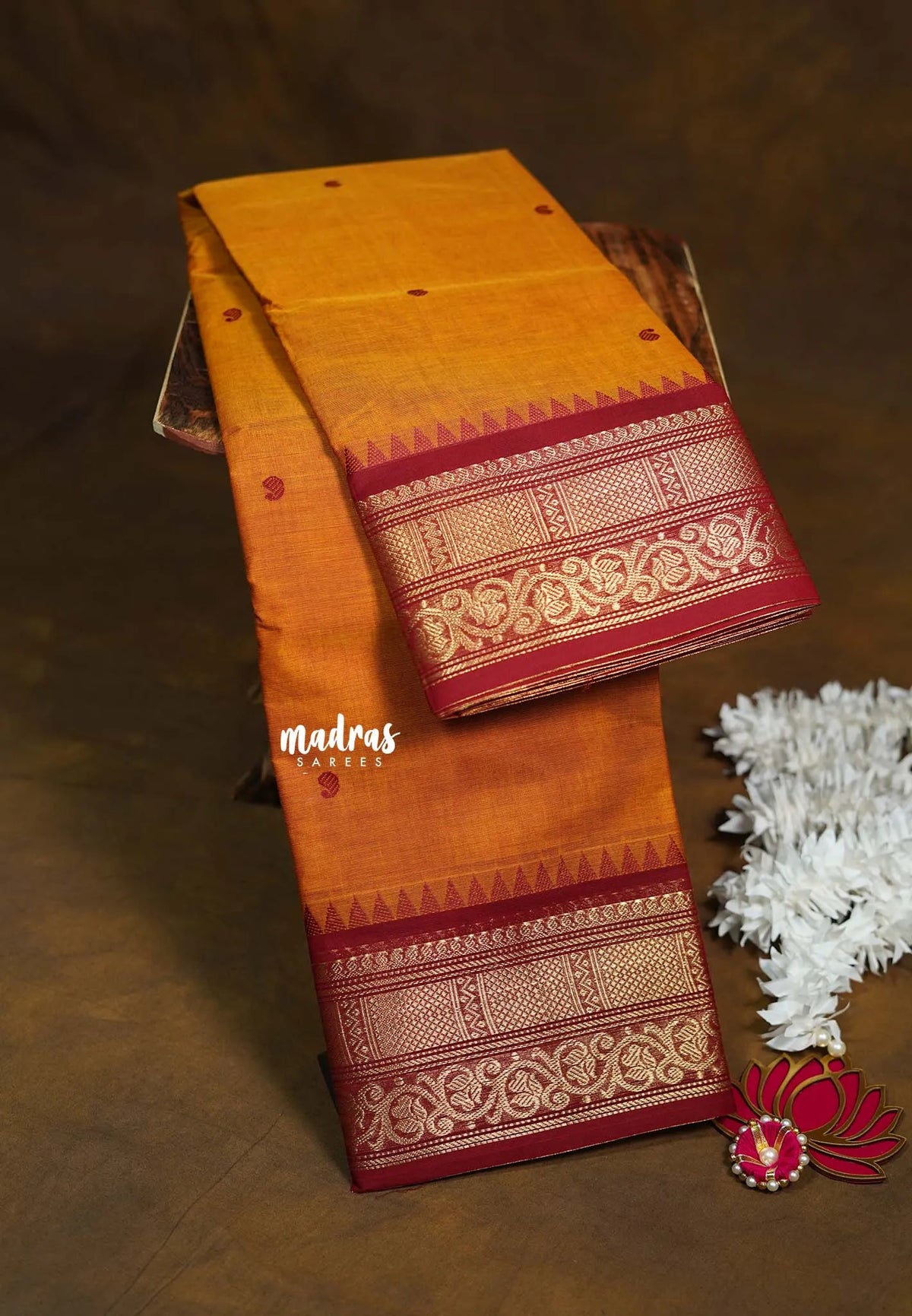 Turmeric Orange - Karthigai silk cotton Bavanji box bavanji border with buttas - Best for Wedding Functions