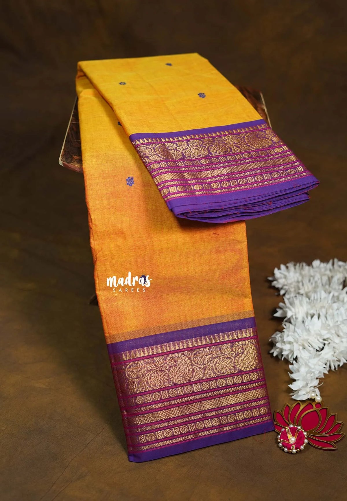 Orangish Yellow - Karthigai silk cotton buttas with mango and floral border - Best for Wedding Functions