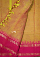 Dual Shade Yellowish Green - Karthigai silk cotton rettapet temple border with Buttas - Best for Gifting