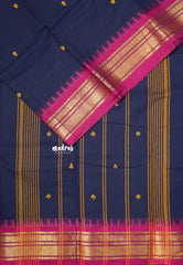 Navy Blue  - Karthigai silk cotton with buttas small Bavanji Flower border - Best for Gifting