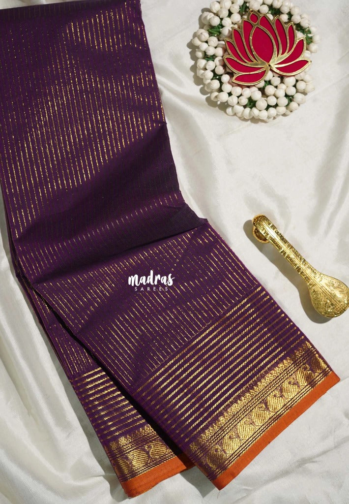 Dark Jamun Purple - Karthigai silk cotton with golden stripes weaving - Best for Small Functions