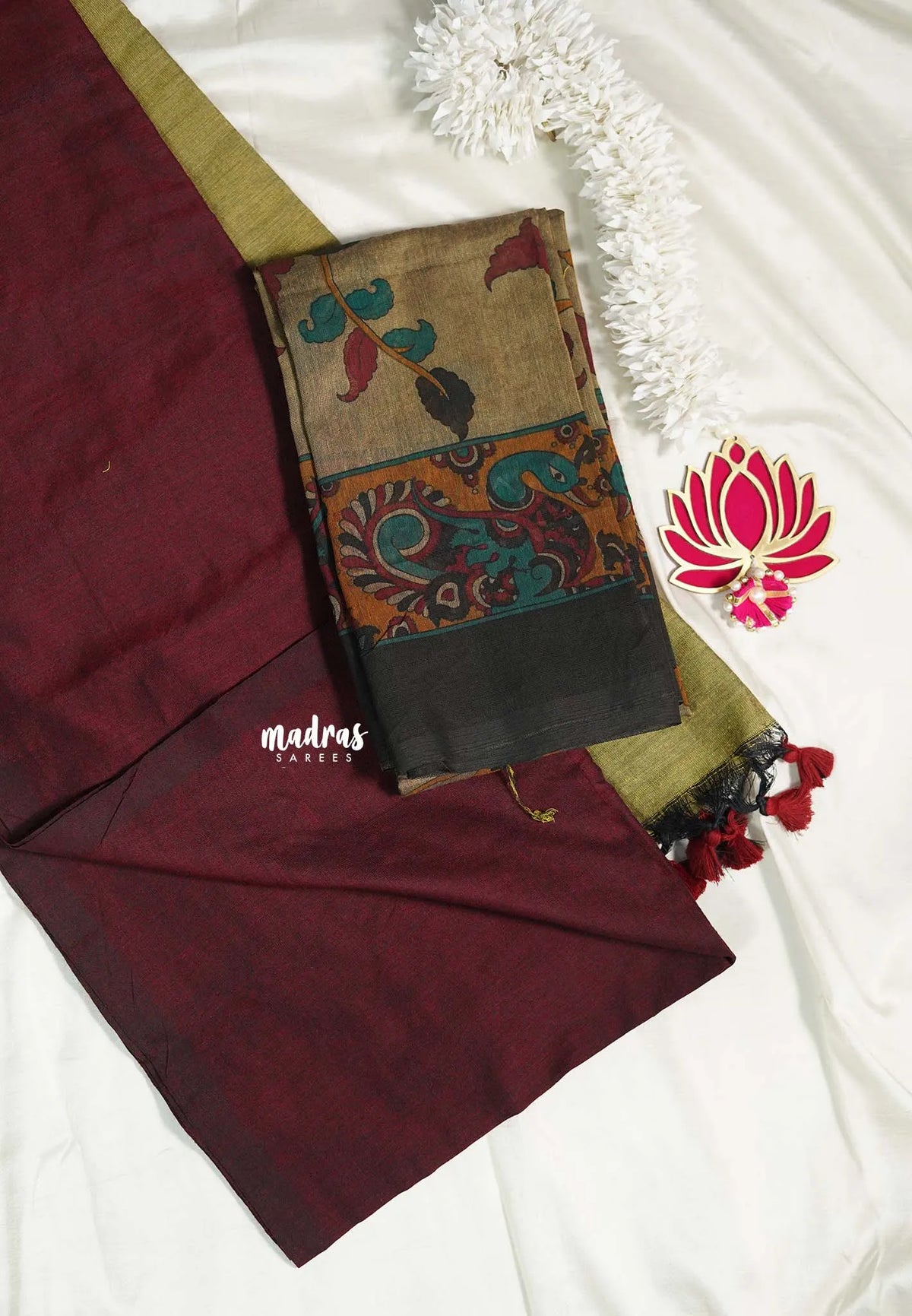 khadi contrast pallu Maroon with Khaki and kalamkari Double Blouse Combo - Perfect for office Wear
