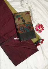 khadi contrast pallu Maroon with Khaki and kalamkari Double Blouse Combo - Perfect for office Wear