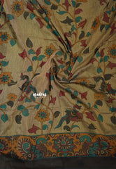 khadi contrast pallu Maroon with Khaki and kalamkari Double Blouse Combo - Perfect for office Wear