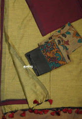 khadi contrast pallu Maroon with Khaki and kalamkari Double Blouse Combo - Perfect for office Wear