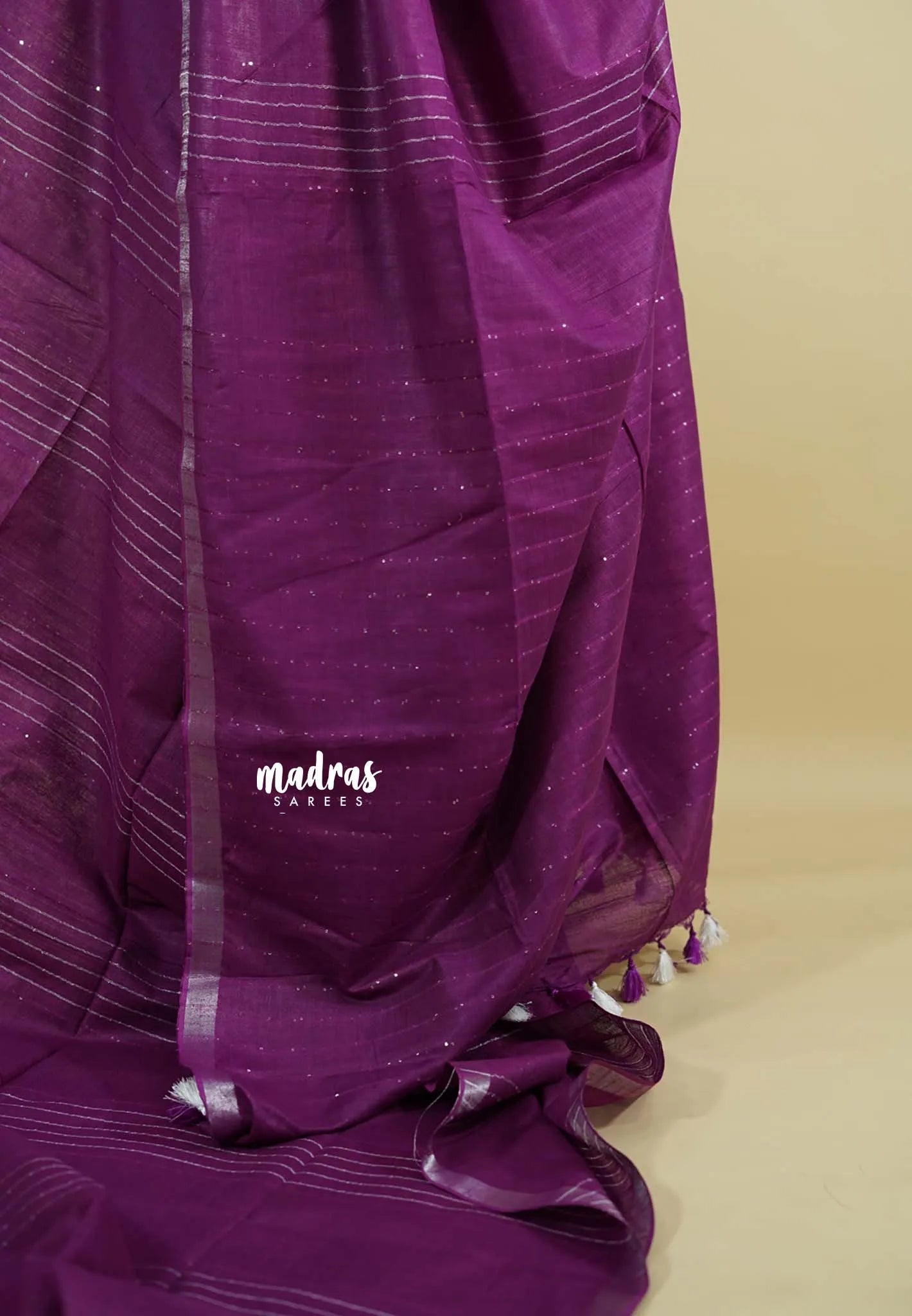Magenta Purple - Khadi Silk with Lines Weaving Silver Border and Sequence Pallu