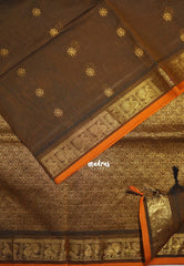 Mehendi Green - Korvai silk cotton saree with Peacock Border and Buttas  - Best for Festive Wear