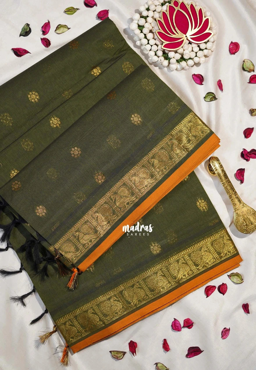 Deep Olive Green - Korvai silk cotton saree with Peacock Border and Buttas  - Best for Festive Wear