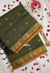 Deep Olive Green - Korvai silk cotton saree with Peacock Border and Buttas  - Best for Festive Wear
