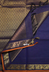 Navy Blue - Korvai silk cotton saree with Peacock Border and Buttas  - Best for Festive Wear