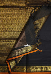 Classic Black - Korvai silk cotton saree with Peacock Border and Buttas  - Best for Festive Wear