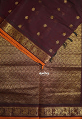 Coffee Brown - Korvai silk cotton saree with Peacock Border and Buttas  - Best for Festive Wear
