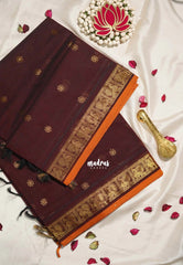 Coffee Brown - Korvai silk cotton saree with Peacock Border and Buttas  - Best for Festive Wear