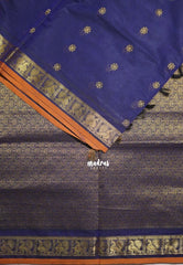 Navy Blue - Korvai silk cotton saree with Peacock Border and Buttas  - Best for Festive Wear