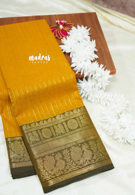 Mustard yellow - Korvai silk cotton rich pallu With vaira oosi body and rettapet border