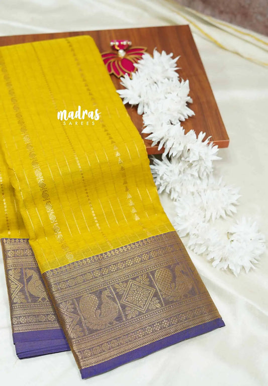 Greenish yellow - Korvai silk cotton rich pallu With vaira oosi body and rettapet border