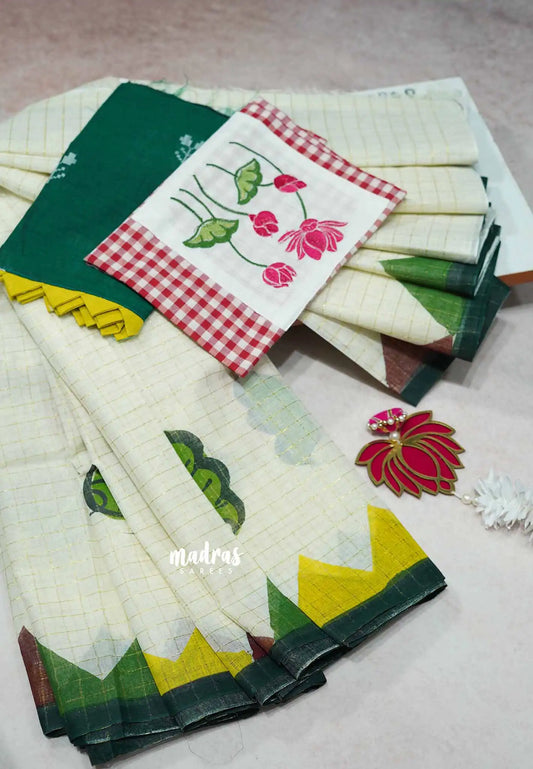 Lotus Checks – Kota Cotton Saree with Appliqué Blouse Fabric