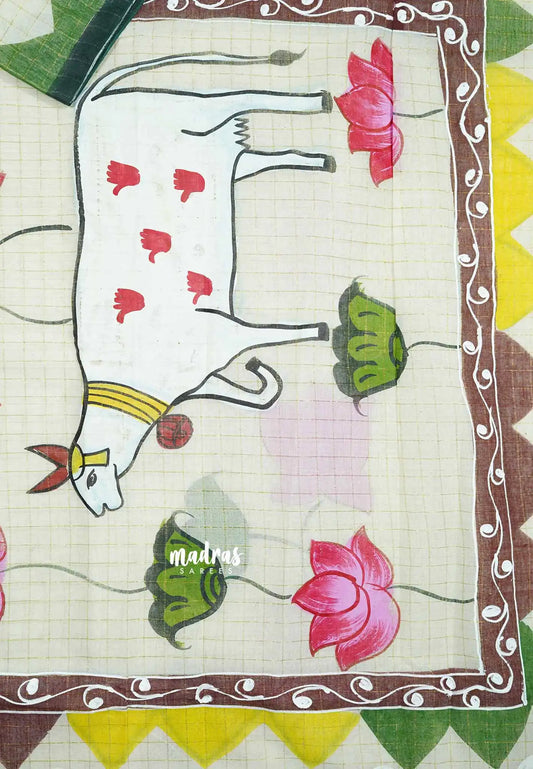 Lotus Checks – Kota Cotton Saree with Appliqué Blouse Fabric