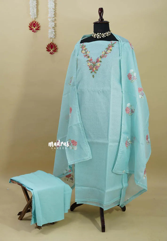 Amitha – Sky Blue Kota Silk Salwar Set with French Knot Embroidery work and Dupatta