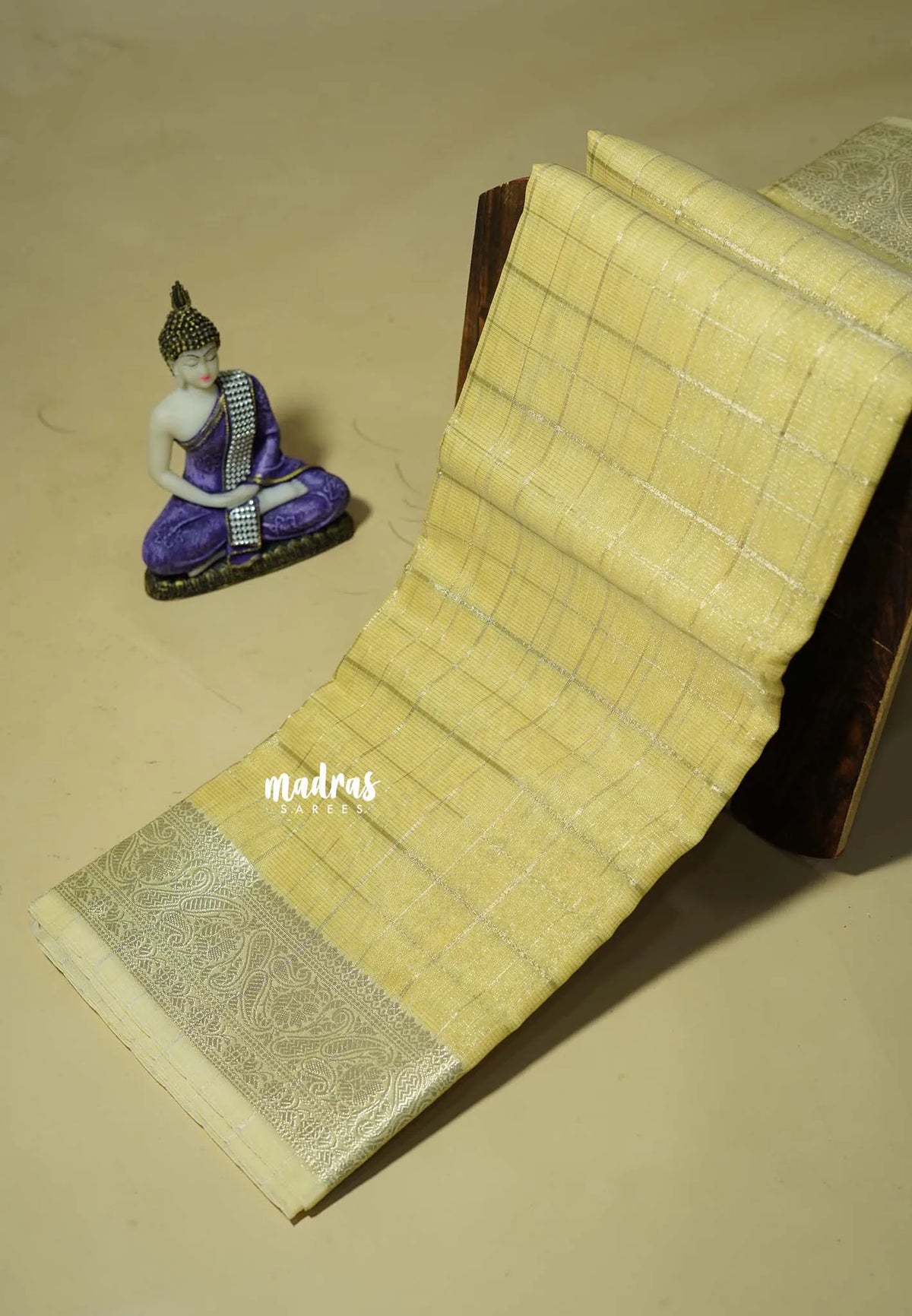 Pastel Yellow- Kushboo - Banarasi Kota Tissue Silk Zari Checks with Zari Border