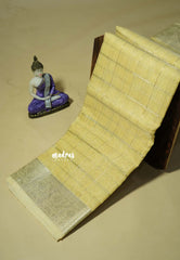 Pastel Yellow- Kushboo - Banarasi Kota Tissue Silk Zari Checks with Zari Border
