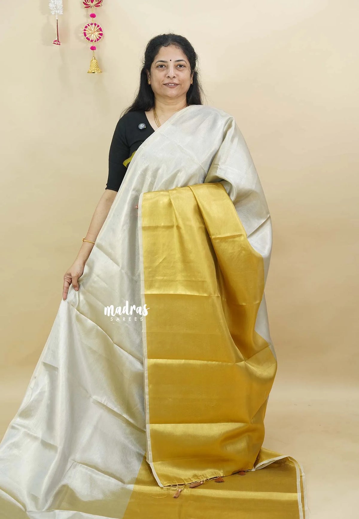 MoonSun Blend - Kushboo half and half gold and silver tissue silk Saree - Best for Small Functions