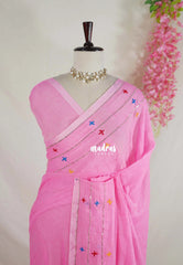Rose Pink - Leela soft Khadi with Hand-Embroidery and Sequin Work Design Border - Perfect for Office Wear