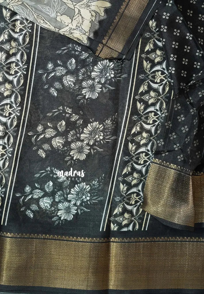Pastel Grey - Light weight Vasundra printed silk with floral prints