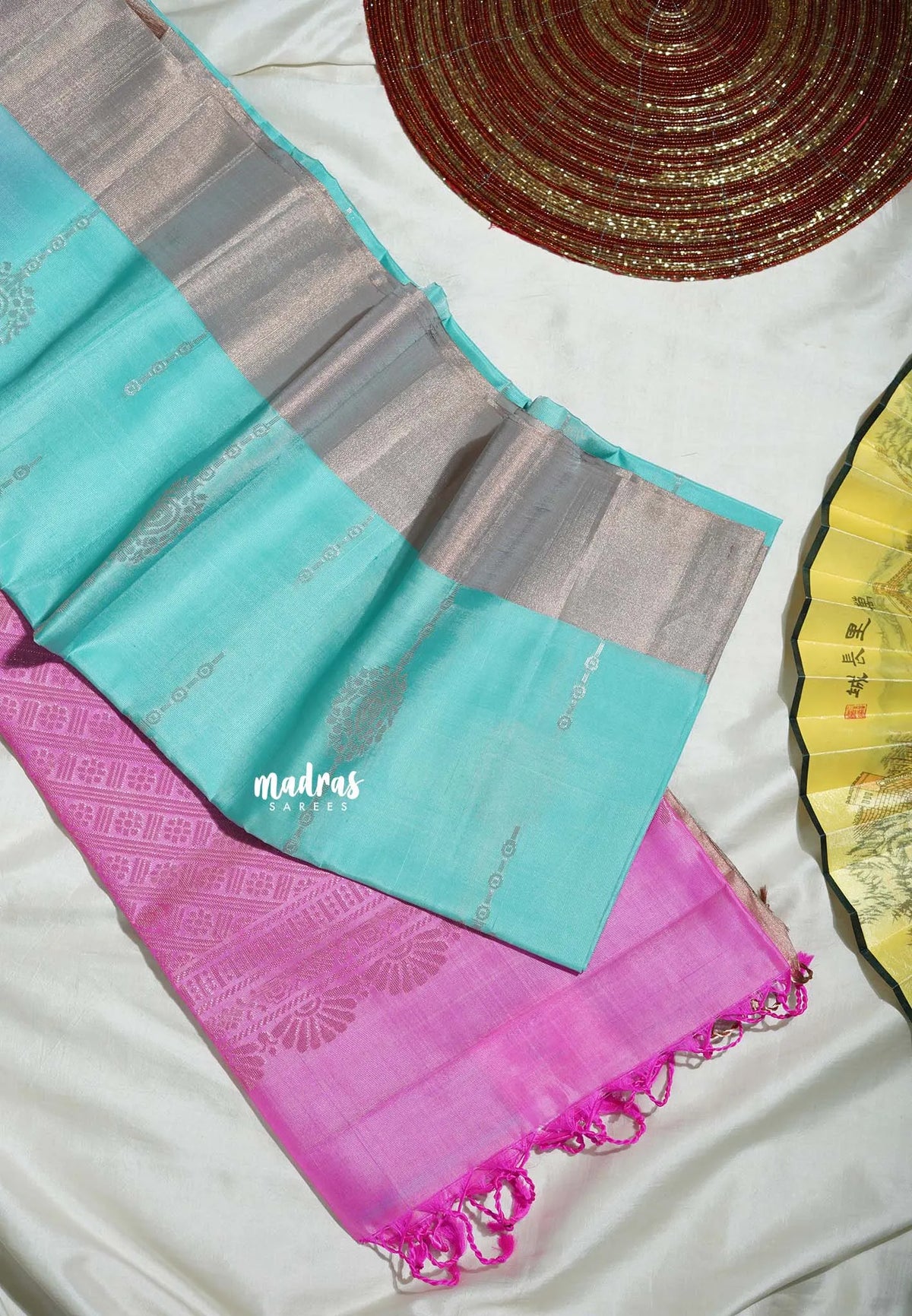 Turquoise Blue - Kumudavalli - Light Weight Kanchivaram Wedding Bridal Silk Saree Zari Weaving with Tissue Zari Border - Perfect for Wedding Functions