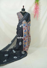 Elephant Black - Linen Cotton Saree with Kalamkari Pallu and Blouse - Best for Office Wear | Casual Wear