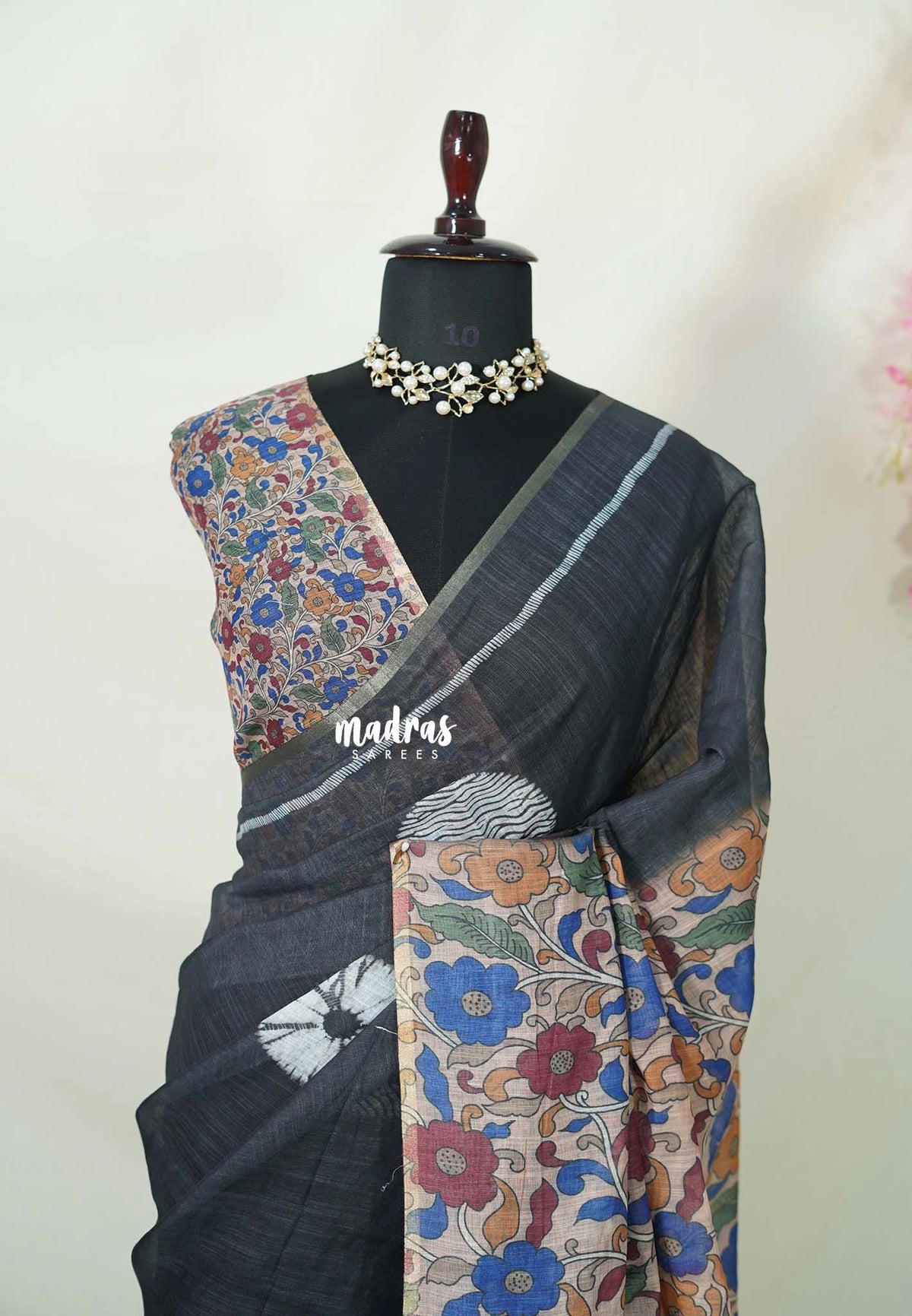 Elephant Black - Linen Cotton Saree with Kalamkari Pallu and Blouse - Best for Office Wear | Casual Wear