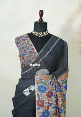 Elephant Black - Linen Cotton Saree with Kalamkari Pallu and Blouse - Best for Office Wear | Casual Wear