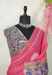 Candy Peach Pink - Linen Cotton Saree with Kalamkari Pallu and Blouse - Best for Office Wear | Casual Wear