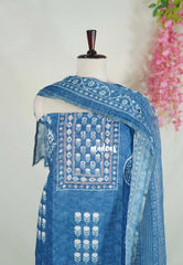 Amitha – Peacock Blue - Premium linen Salwar Suit with Print + Hand-Stitched Embroidery