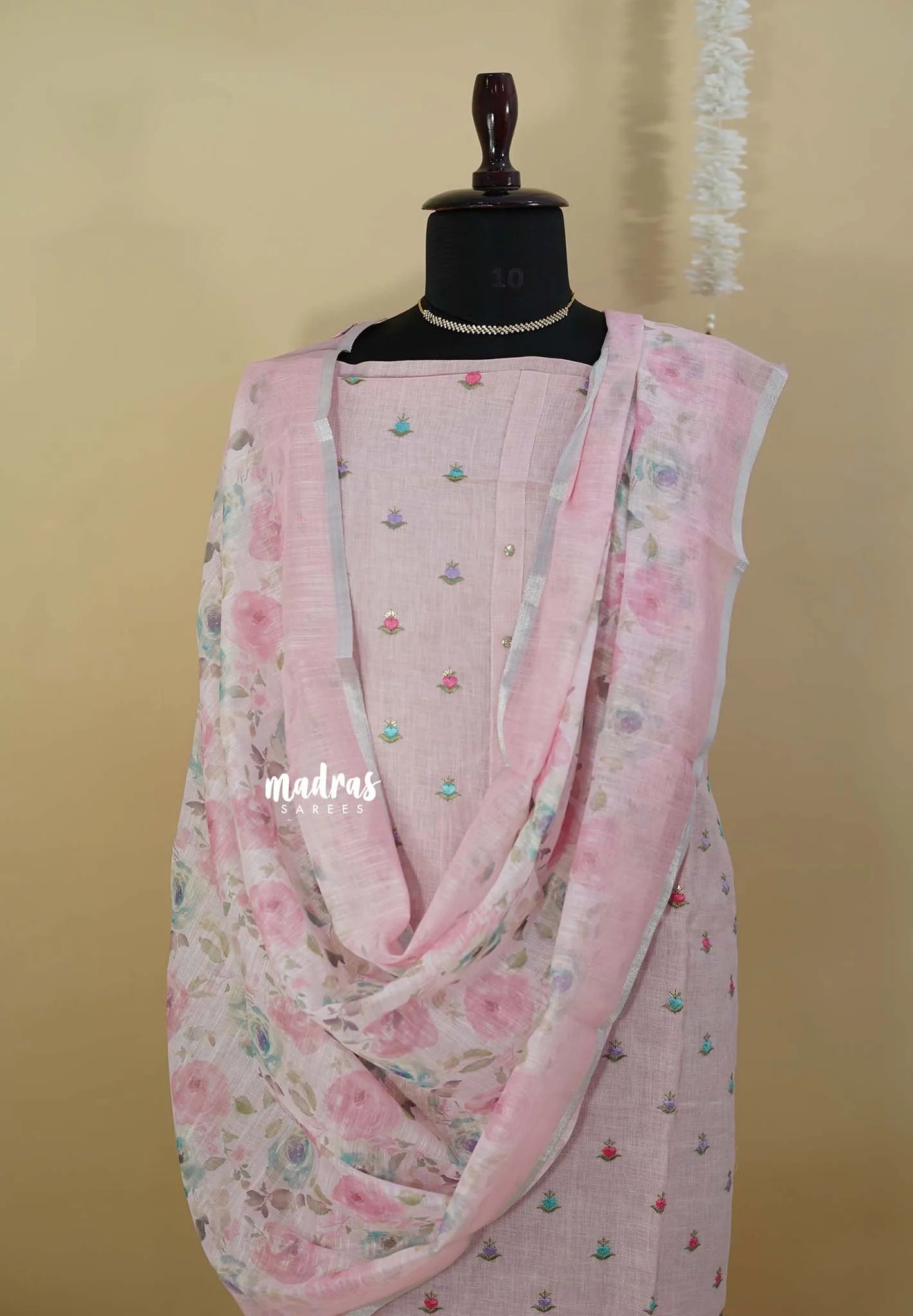 Amitha – Pastel Pink Premium linen cotton Salwar Suit with Full Embroidery Floral Buttas