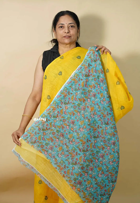Mango Yellow - Light weight Linen cotton with kalamkari pallu and blouse