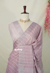 Muted Onion Pink - Linen cotton with Checks with Zari and Tissue Border with Grooves - Perfect for Office Wear | Casual Wear