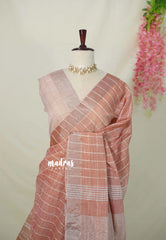 Muted Peach - Linen cotton with Checks with Zari and Tissue Border with Grooves - Perfect for Office Wear | Casual Wear